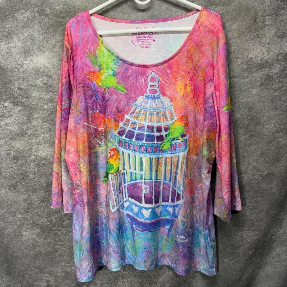 Leoma Lovegrove Parrot Birdcage Art To Wear Tunic Top Size XL Pink 3/4 Sleeve